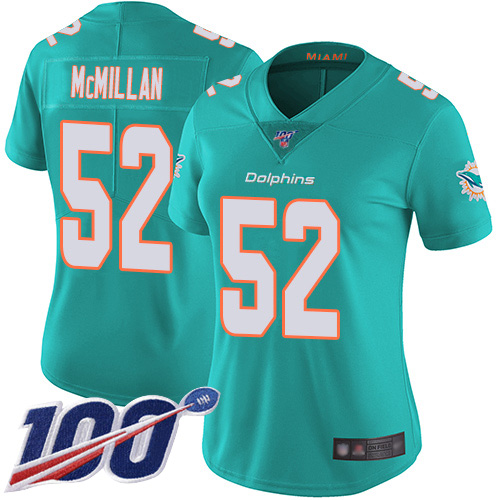 Nike Miami Dolphins #52 Raekwon McMillan Aqua Green Team Color Women Stitched NFL 100th Season Vapor Limited Jersey->women nfl jersey->Women Jersey